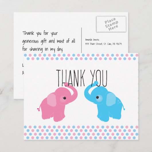 Twin Elephant Baby shower Bedankt Briefkaart (Voorkant / Achterkant)