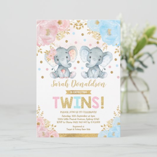 Twin Elephant Baby shower Boy & Girl Twins Kaart (Staand voorkant)