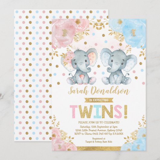 Twin Elephant Baby shower Boy & Girl Twins Kaart (Voorkant / Achterkant)