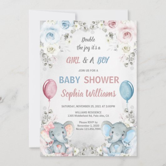 Twin Elephant Baby Shower Boy & Girl Twins Kaart (Voorkant)