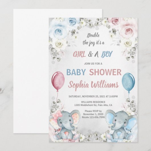 Twin Elephant Baby Shower Boy & Girl Twins Kaart (Voorkant / Achterkant)