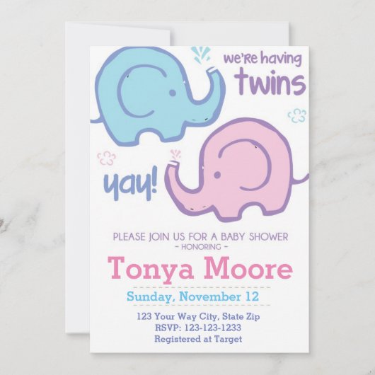 Twin Elephant Baby shower Invitation (broederlijk) Kaart (Voorkant)
