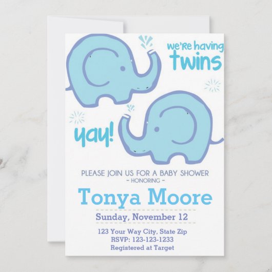 Twin Elephant Baby shower Invitation (jongens) Kaart (Voorkant)