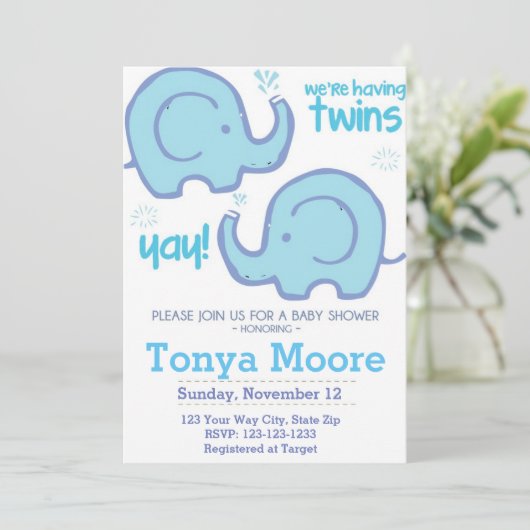 Twin Elephant Baby shower Invitation (jongens) Kaart (Staand voorkant)