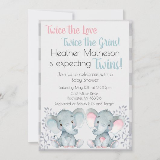 Twin Elephant Baby shower Invitation Kaart (Voorkant)