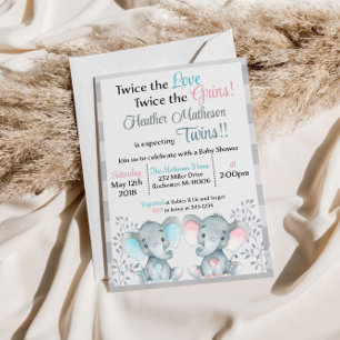 Twin Elephant Baby shower Invitation Kaart