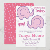 Twin Elephant Baby shower Invitation (meisjes) Kaart (Voorkant / Achterkant)