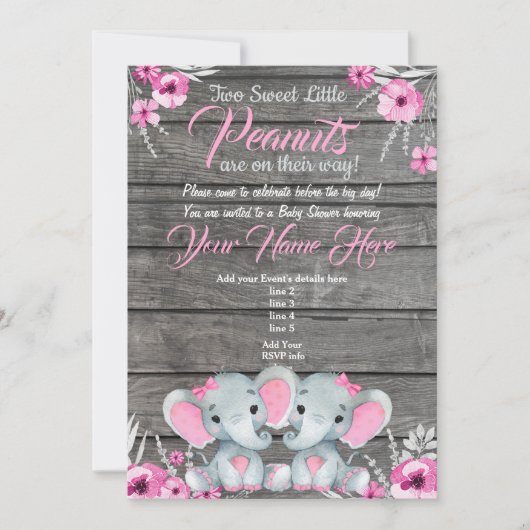 Twin Elephant Baby shower Invitation, rustisch, ro Kaart (Voorkant)