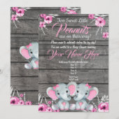 Twin Elephant Baby shower Invitation, rustisch, ro Kaart (Voorkant / Achterkant)