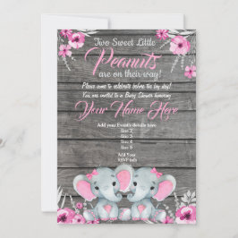 Twin Elephant Baby shower Invitation, rustisch, ro Kaart