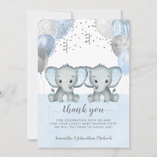Twin Elephant Boy Balloons Waterverf Baby shower Bedankkaart (Voorkant)