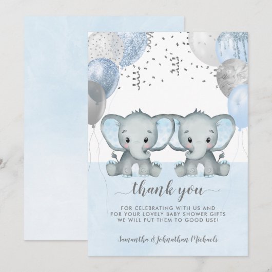 Twin Elephant Boy Balloons Waterverf Baby shower Bedankkaart (Voorkant / Achterkant)