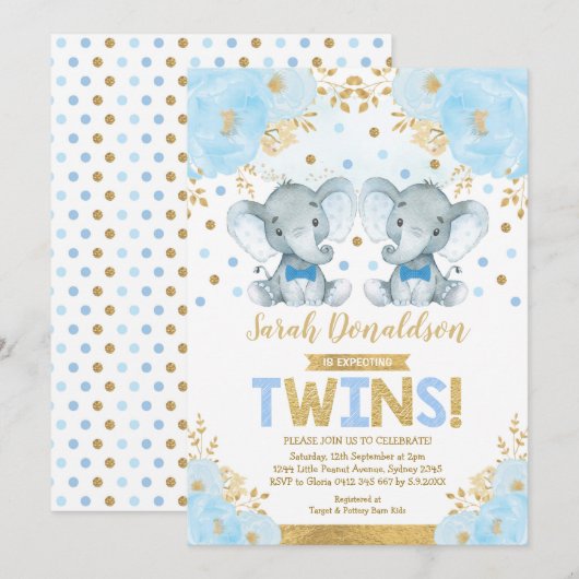 Twin Elephant Boys Kleine Heren Baby shower Kaart (Voorkant / Achterkant)