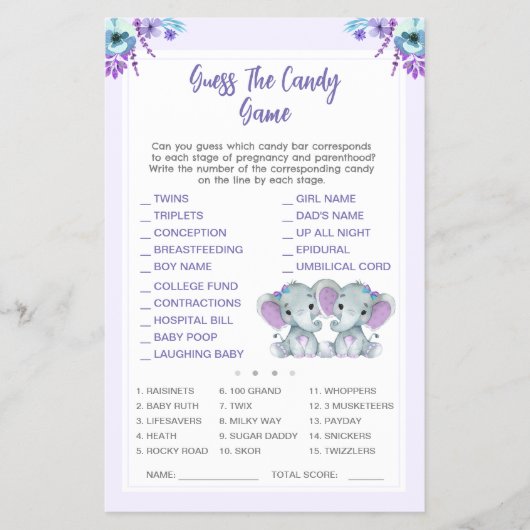 Twin Elephant raden het Snoep Baby shower spel Flyer (Voorkant)