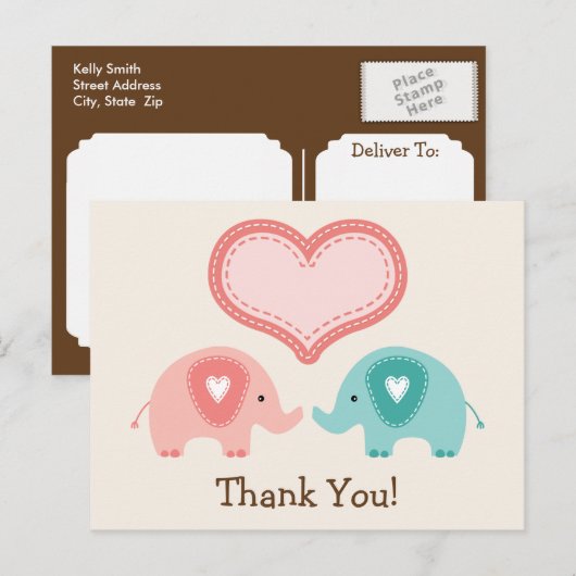 Twin Elephants Baby shower Dank u Briefkaart (Voorkant / Achterkant)