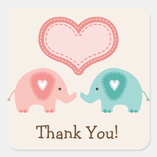 Twin Elephants Baby shower Dank u Vierkante Sticker (Voorkant)