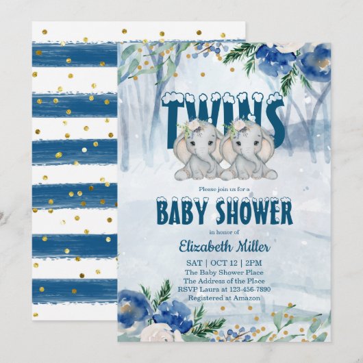 Twin Elephants Winter Baby shower Invitation (Voorkant / Achterkant)