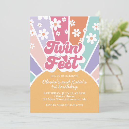 Twin Fest Rainbow Sunshine Daisy 1e Verjaardag Kaart (Staand voorkant)