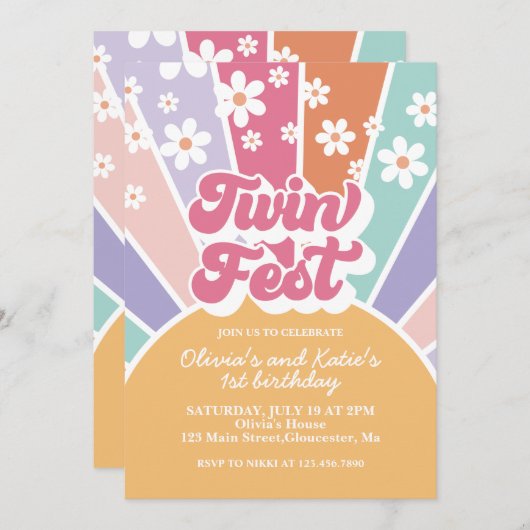 Twin Fest Rainbow Sunshine Daisy 1e Verjaardag Kaart (Voorkant / Achterkant)