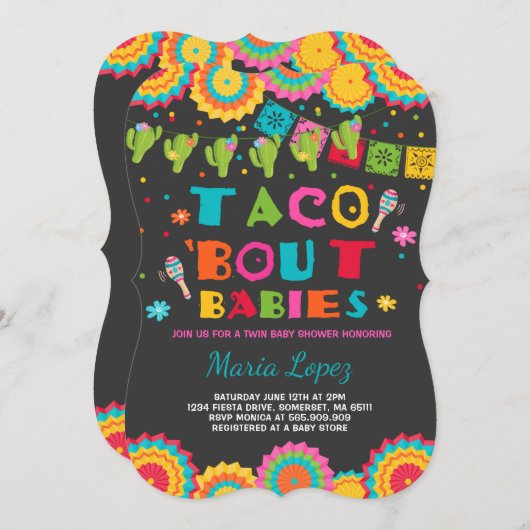 Twin Fiesta Baby shower Invite Taco Bout Babies Kaart (Voorkant / Achterkant)