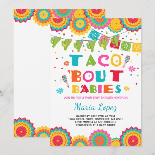 Twin Fiesta Baby shower Invite Taco Bout Babies Kaart (Voorkant / Achterkant)