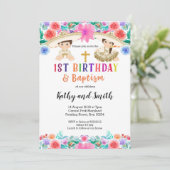 Twin Fiesta Verjaardag en Doop Uitnodiging (Staand voorkant)