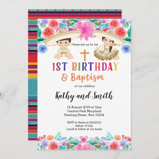 Twin Fiesta Verjaardag en Doop Uitnodiging (Voorkant / Achterkant)