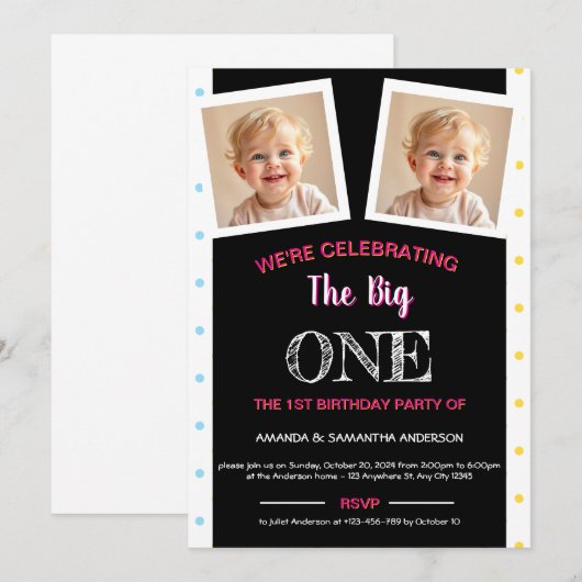 Twin First Birthday Invitation Kaart (Voorkant / Achterkant)
