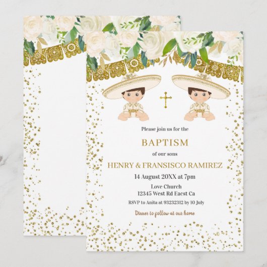 Twin Floral Gold Fiesta Boy Baptism Christening Kaart (Voorkant / Achterkant)