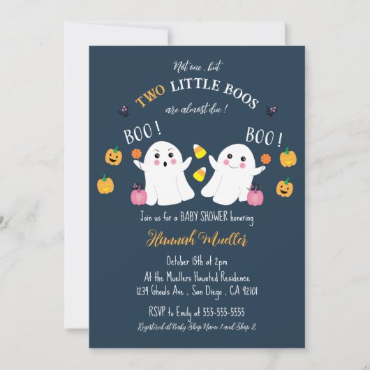 Twin Ghosts Halloween Baby shower Blue Invitation Kaart (Voorkant)