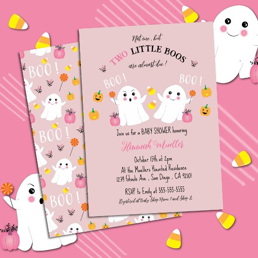 Twin Ghosts Halloween Baby shower Roze Invitation Kaart