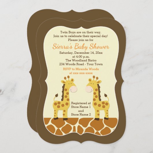 Twin Giraffe Baby shower Invitation Die Cut Kaart (Voorkant / Achterkant)