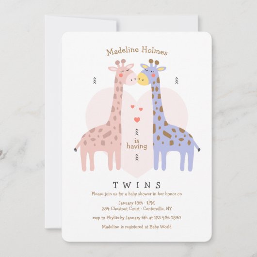 Twin Giraffe Baby shower Uitnodiging (Voorkant)