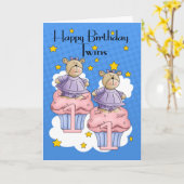 Twin Girl 1e verjaardag Kaart, met cupcake Beren Kaart (Gele Bloem)
