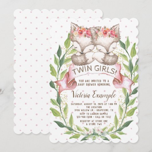 Twin Girl Baby Fox Baby Shower Uitnodigingen (Voorkant / Achterkant)