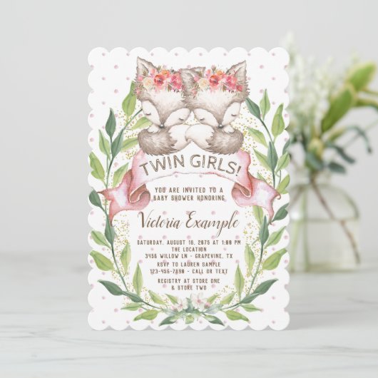 Twin Girl Baby Fox Baby Shower Uitnodigingen (Staand voorkant)