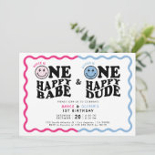 Twin Girl Boy One Happy Babe & Dude 1e verjaardag Kaart (Staand voorkant)