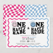 Twin Girl Boy One Happy Babe & Dude 1e verjaardag Kaart (Voorkant / Achterkant)