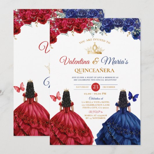 Twin Girl Dress Quinceañera 15 Anos Bloemen Goud Kaart (Voorkant / Achterkant)