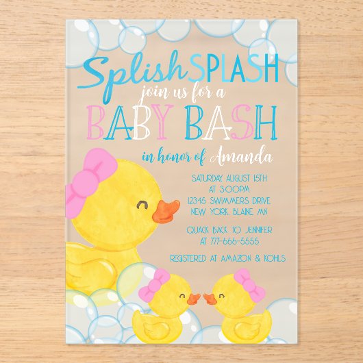 Twin Girl Duck Baby Shower Frosted Acryl Uitnodigingen (Voorkant)