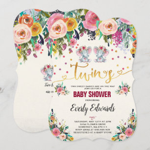 Twin Girl Elephant Baby shower Invitation Kaart