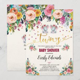 Twin Girl Elephant Baby shower Invitation Kaart