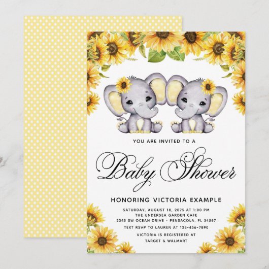 Twin Girl Elephant Zonnebloem Baby shower Kaart (Voorkant / Achterkant)