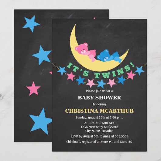 Twin Girl en Boy Teddy Bear Baby shower Kaart (Voorkant / Achterkant)