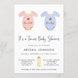 Twin Girl en Boy Waterverf Retro Baby shower Kaart