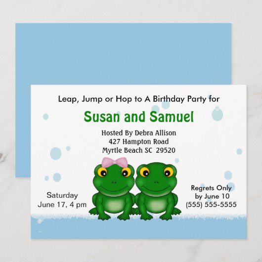 Twin Girl Jongen (Kikkers) Uitnodigingen voor verj (Voorkant / Achterkant)