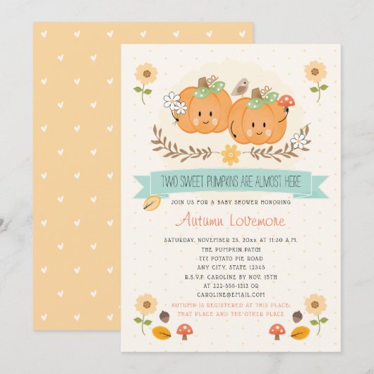 Twin Girl Pumpkin Baby Shower Invitations (Voorkant / Achterkant)