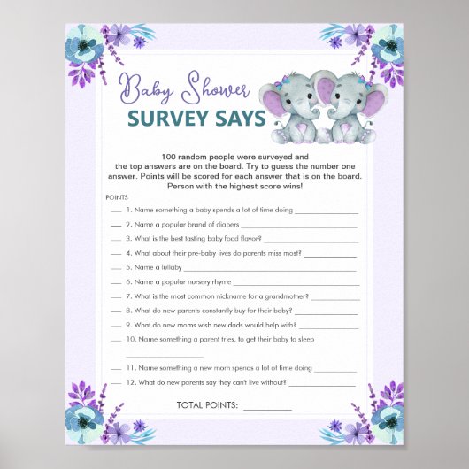 Twin Girl Survey zegt Baby shower spel Paarse Blau Poster (Voorkant)