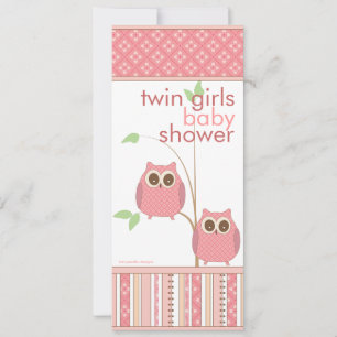 Twin Girls Baby Owl PInk Baby shower Kaart