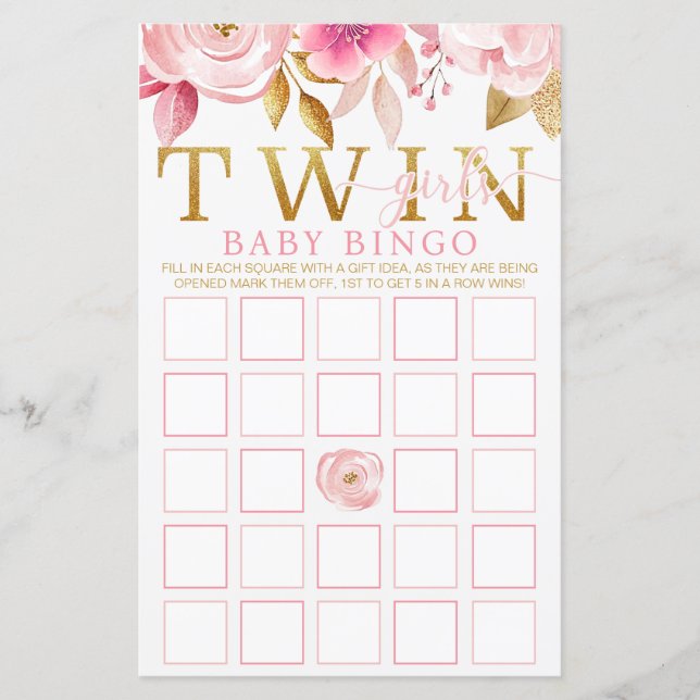 Twin Girls Baby shower Bingo Spel – Roze & Goud (Voorkant)